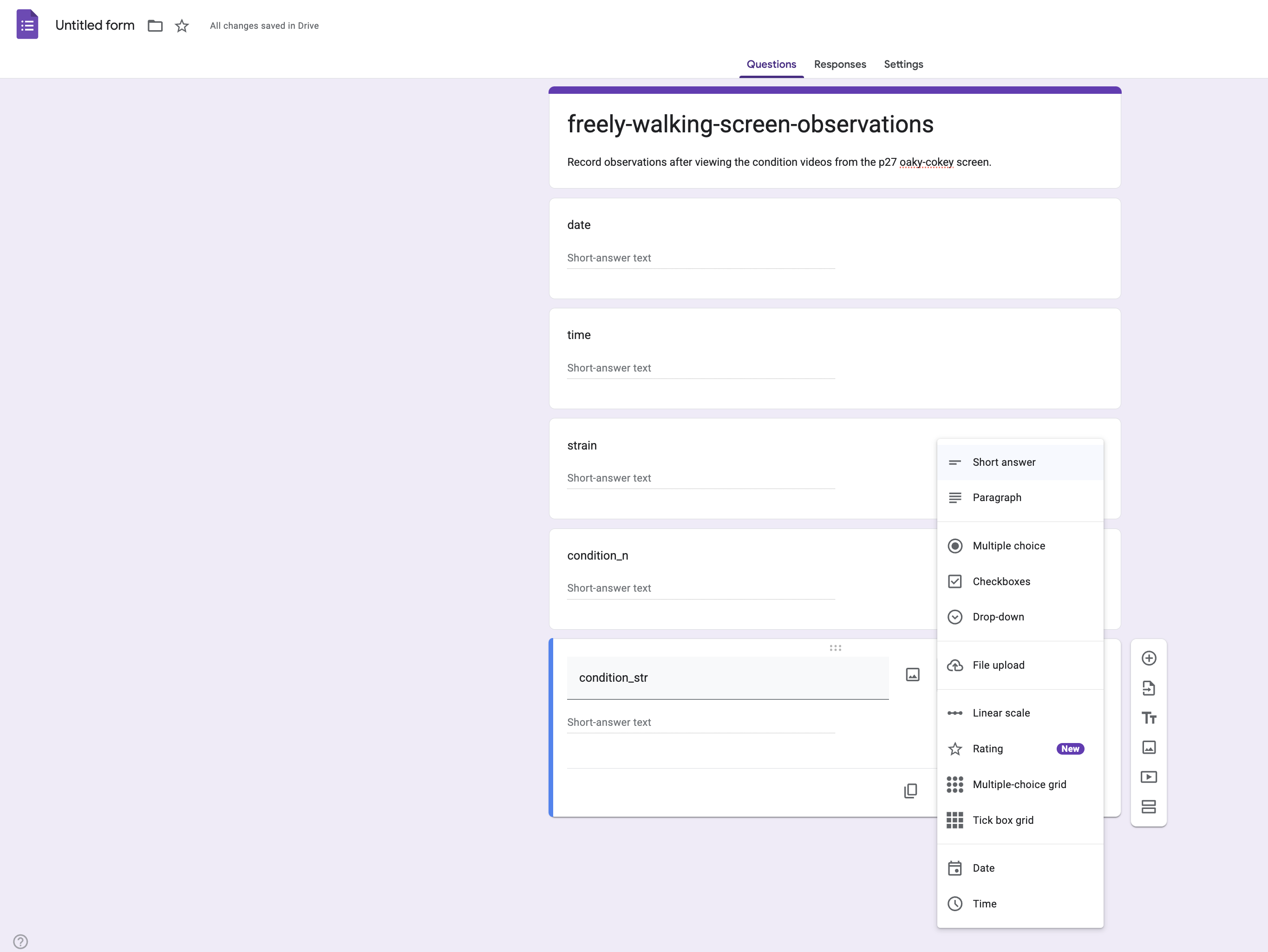 Select 'short answer' when creating the google form.