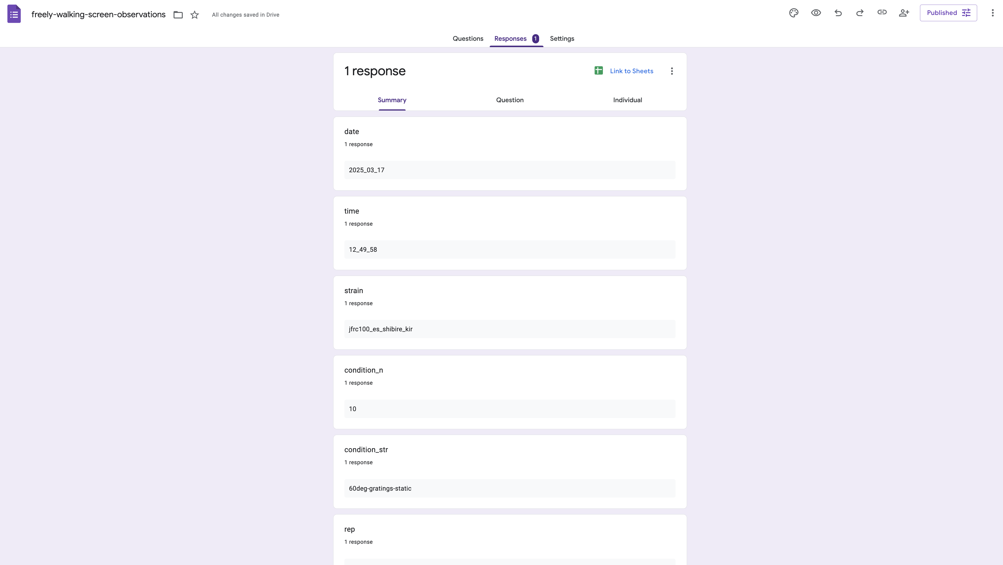 View the responses in the 'response' tab within the form.